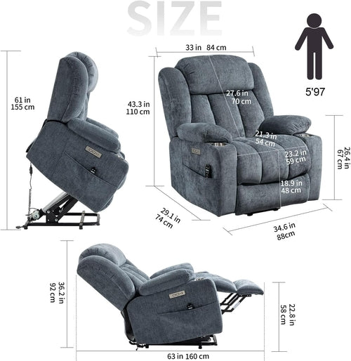 Power Lift Recliner Chair With Full Body Massage And Heat In Elegant Blue