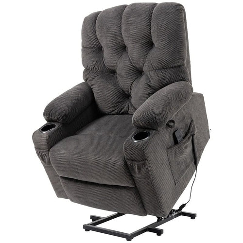 Dark Grey Upholstered Power Lift Chair Recliner with USB Ports, Cup holders