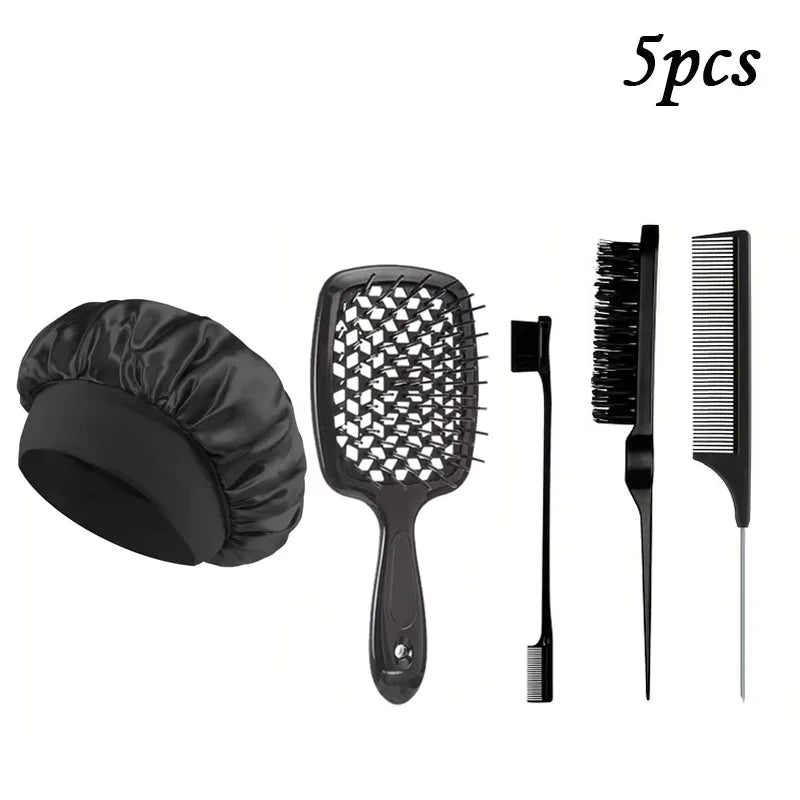 5/7pcs Hair Care Kit Tangled Hollow Out Comb with Rat Tail Edge Control Brush Spray Bottle Soft Satin Sleeping Cap Styling Tools