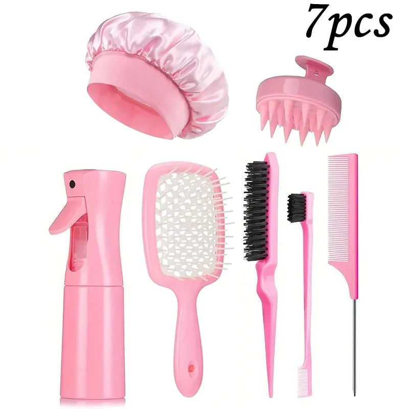 5/7pcs Hair Care Kit Tangled Hollow Out Comb with Rat Tail Edge Control Brush Spray Bottle Soft Satin Sleeping Cap Styling Tools