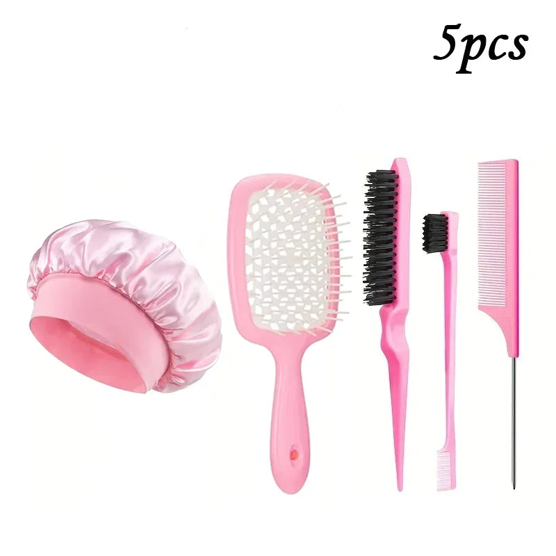 5/7pcs Hair Care Kit Tangled Hollow Out Comb with Rat Tail Edge Control Brush Spray Bottle Soft Satin Sleeping Cap Styling Tools