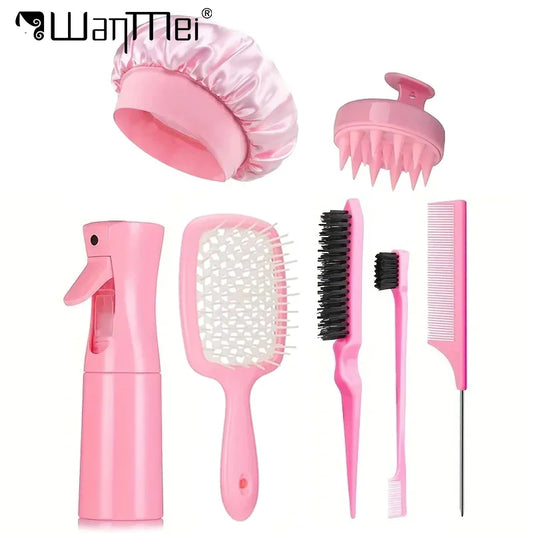 5/7pcs Hair Care Kit Tangled Hollow Out Comb with Rat Tail Edge Control Brush Spray Bottle Soft Satin Sleeping Cap Styling Tools