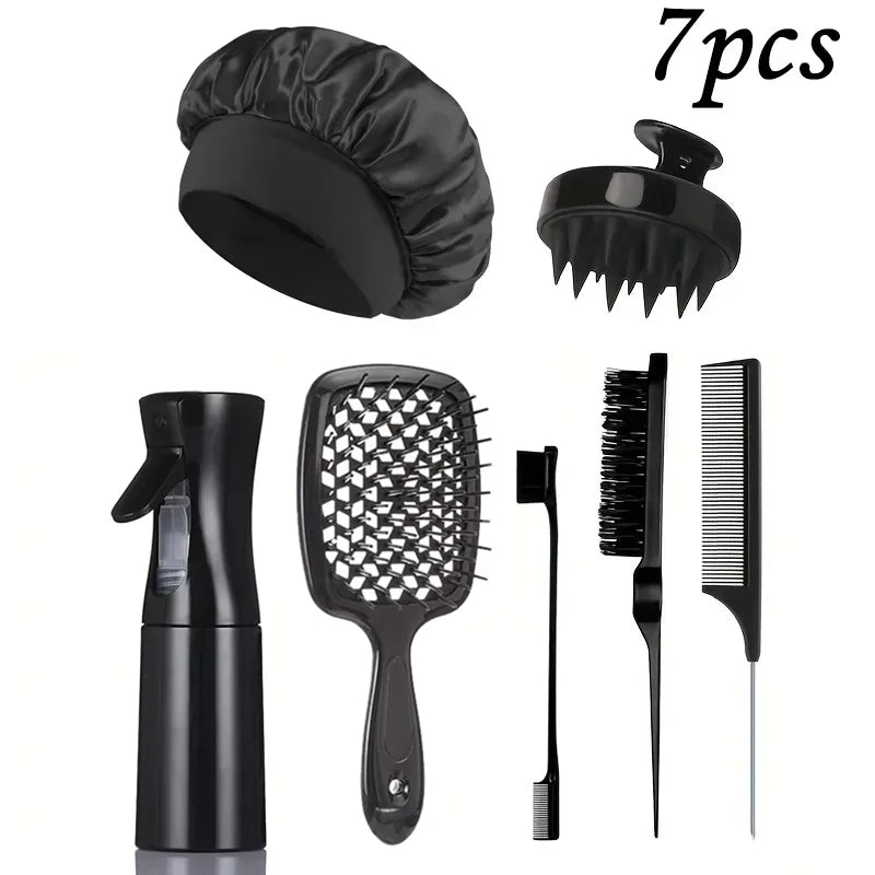 5/7pcs Hair Care Kit Tangled Hollow Out Comb with Rat Tail Edge Control Brush Spray Bottle Soft Satin Sleeping Cap Styling Tools