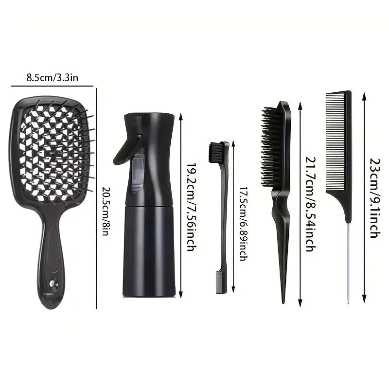 5/7pcs Hair Care Kit Tangled Hollow Out Comb with Rat Tail Edge Control Brush Spray Bottle Soft Satin Sleeping Cap Styling Tools